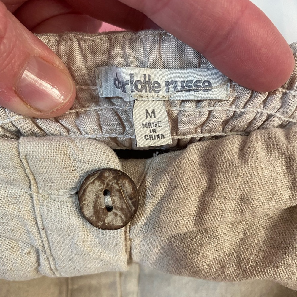 Charlotte Russe Linen, Strapless Mini Dress with wood-like buttons. Size Medium - Picture 3 of 8